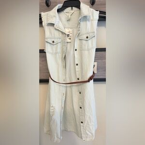 Forever 21 sleeveless light-wash denim shirt dress with a brown belt for Girls